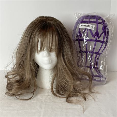 Mid-Length Wavy Sunkissed Brunette Synthetic Wig w/ Long Feathered Bangs & Stand