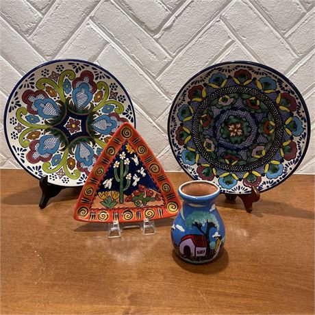 Pair of Mexican Talavera Hand Painted Glazed Pottery Plates, Signed Plate & Vase