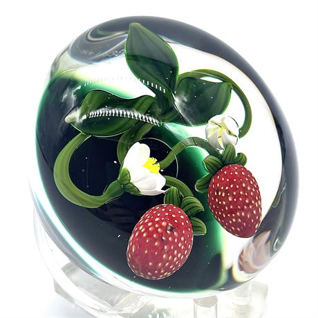 Signed GES Gordon Smith 1984 Strawberry Duo Glass Paperweight