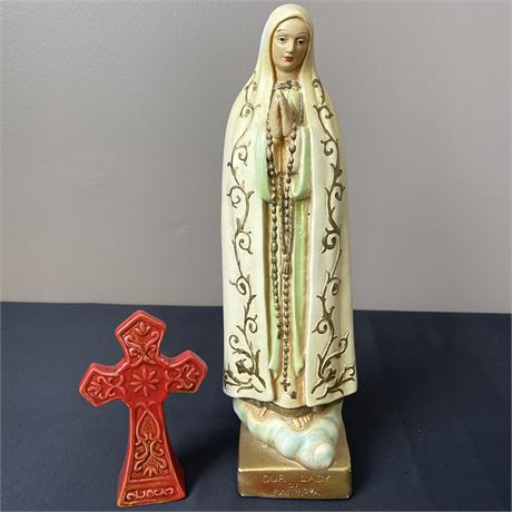 Vintage Chalkware Our Lady of Fatima Statue with Red Glazed Cross