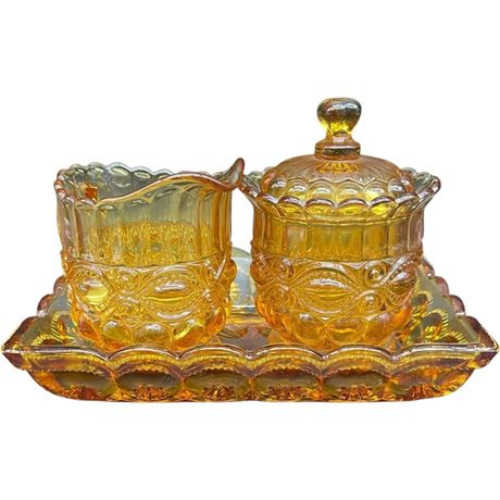 Mosser Amber Glass Eye Winker Creamer & Sugar Set on Tray