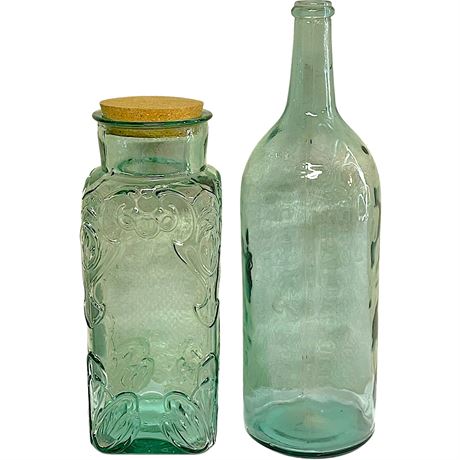 Vtg Blue Blown Glass Lidded Canister & Bottle