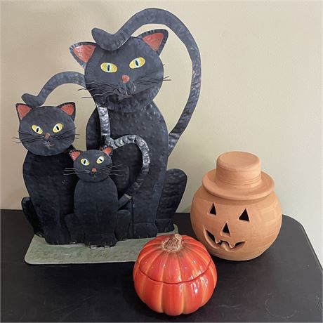 Metal Black Cat Trio with Lidded Pumpkin Dish and Candle Holder
