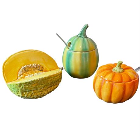 Otagiri and Jay Willfred Ceramic Fruit Inspired Sugar Bowls w/ Canteloup Decor