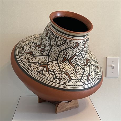 Large Terracotta Mexican Pot with Wood Stand