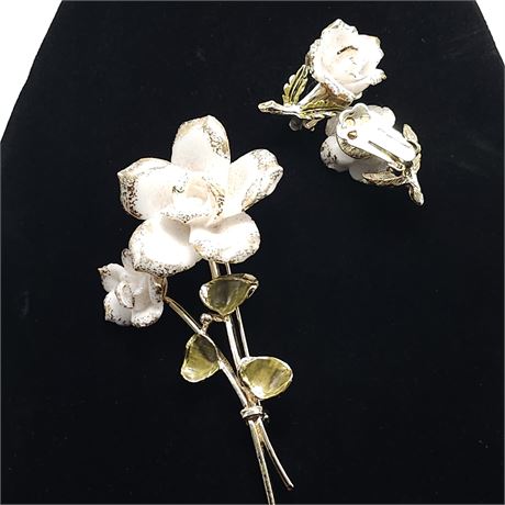Cora Porcelain Flower & Enamel Leaf Brooch w/Matching Earrings