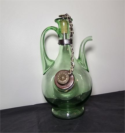 Vintage 1960's  Italian Green Glass Decanter w/ Ornate Corks & Ice Chamber