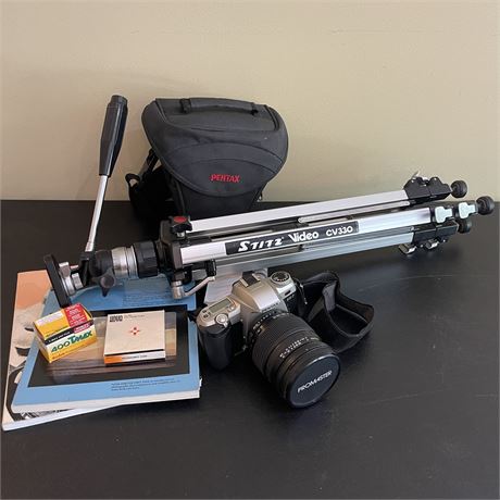 Pentax Camera with Stitz Tripod Camera Stand and Other Accessories