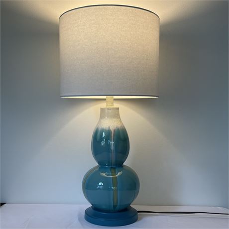 Drip Glaze Ceramic Double Gourd Table Lamp w/ White Fabric Drum Shade