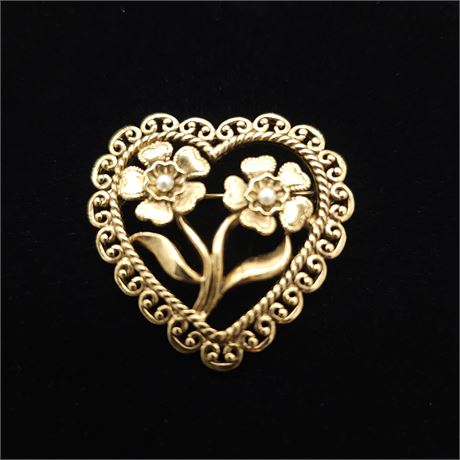 Vintage Golden Double Flower Heart Brooch