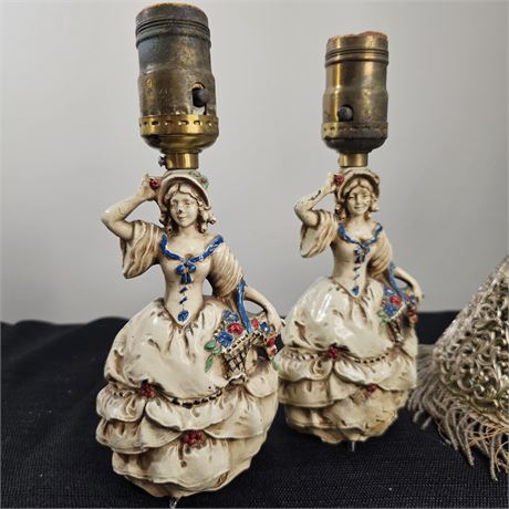 White Metal Cold Painted Lady Figurine Lamp Project Pieces w/Shades