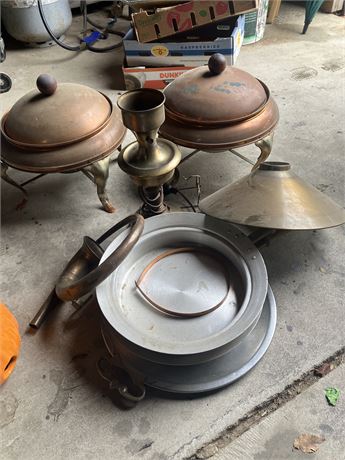 vintage copper and brass items, primarily components of antique chafing dishes