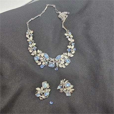Coro Blue Rhinestone Floret Necklace•Clip-on Earrings Set