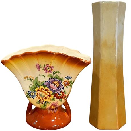 Vtg Czech Hand-Painted Ceramic Fan Vase & Paneled Vase