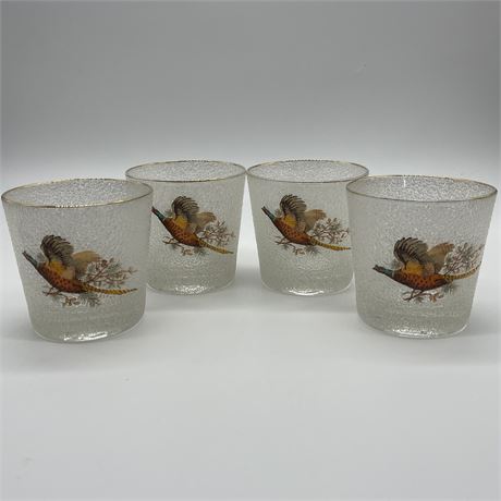 Set of 4 MCM Frosted Pheasant Pebble Lowball Glasses w/ Gold Accents