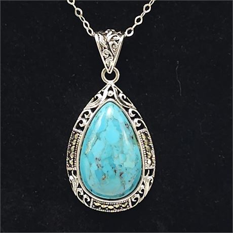 Beautiful Blue Turquoise Pendant-925 Sterling Silver w/925 Chain