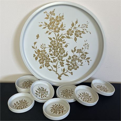 Vtg Floral Designed Tin Serving Tray with 8 Coasters
