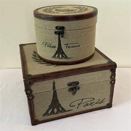 Vintage-Style Paris Motif Fabric-Covered Small Trunk w/ Nesting Hat Box