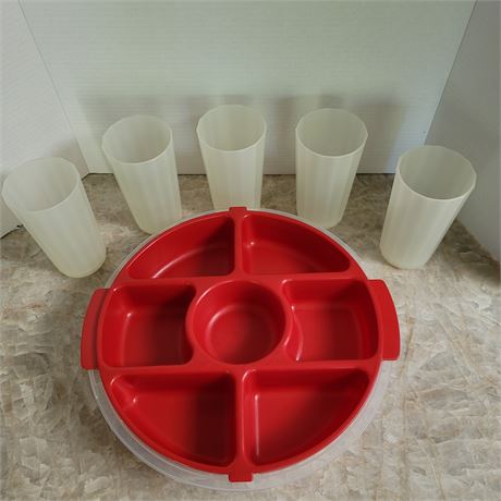 Divided covered tray and plastic cups