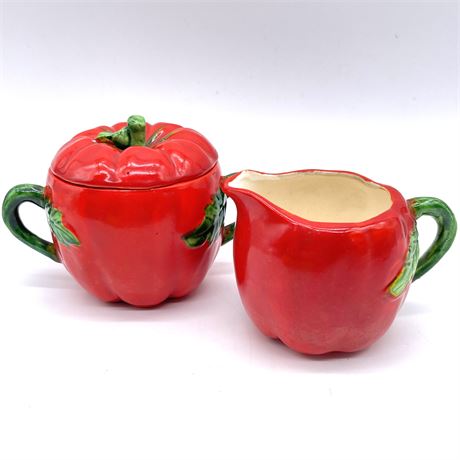 Vintage Hand Painted Tomato Sugar Bowl and Creamer - Occupied Japan