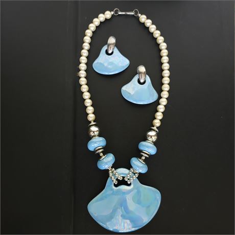 1980's Mermaid Chic Pastel Blue, Silvertone & Pearl Ceramic Sculptured Set