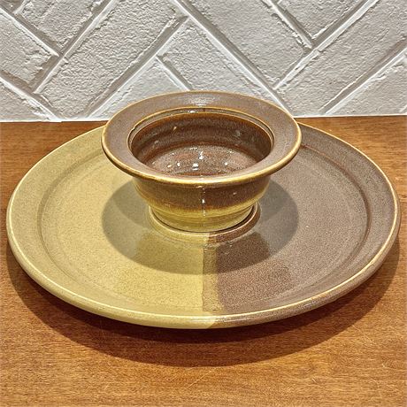 Signed Pottery Serving Platter with Dip Bowl