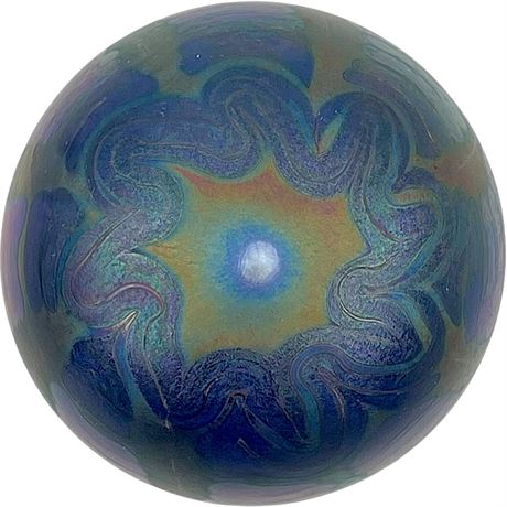 1975 Signed "Robert" Iridescent Swirl Art Glass Paperweight