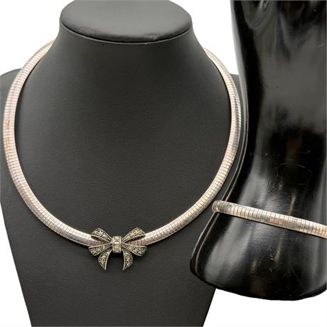 925 Sterling Silver Omega Chain Necklace & Bracelet Set w/ Bow Slide Pendant