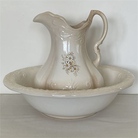Antique Ironstone Large Water Pitcher and Bowl - Wash Basin Set