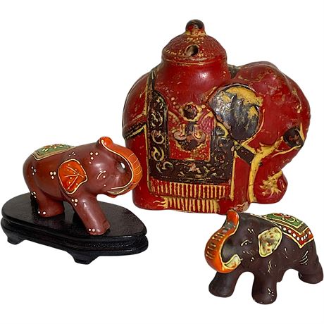 Vtg Oriental Elephant Incense Burner & Hand Painted Elephant Figurines