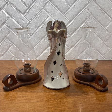 Set of 3 Candle Holders - Pair of Hurricanes with Decorative Tealight Angel