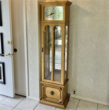 Vtg Lighted Grandfather Clock w/ Glass Display Shelving & Bottom Storage
