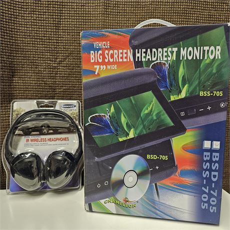 7" Big Screen Headrest Monitor/DVD Player w/Wireless Headset -NIB 1 of 2
