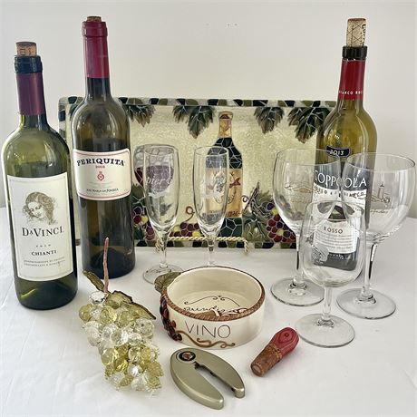Decorative Empty Wine Bottles, Tray and Glasses w/ Bottle Foil Cutter & Stoppers