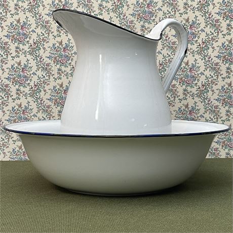 Vintage Enamelware Pitcher & Kockums Basin Set