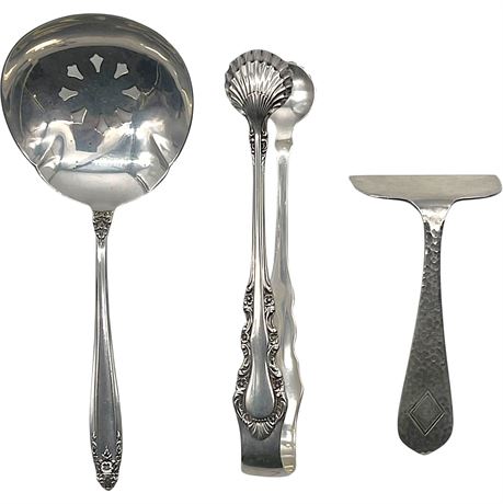 925 Sterling Silver Bonbon Spoon, Sugar Tongs & Baby Food Pusher