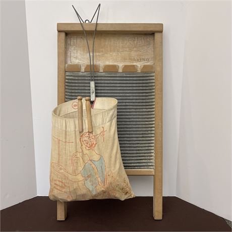 Washboard with Old Clothes Pins in Hanging Clothespin Bag