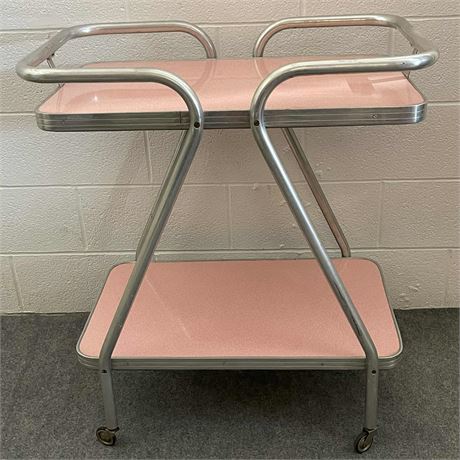 Mid Century Pink Formica & Chrome Bar Cart