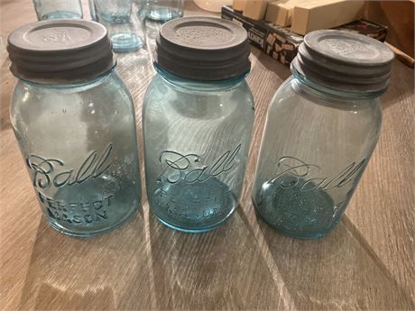 Three  1923 -1933 Blue Aqua Ball Perfect Mason Jars