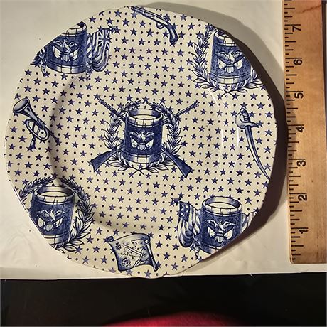 vintage plate in the "Liberty Drums" pattern, made by Crownford China Co. Inc.