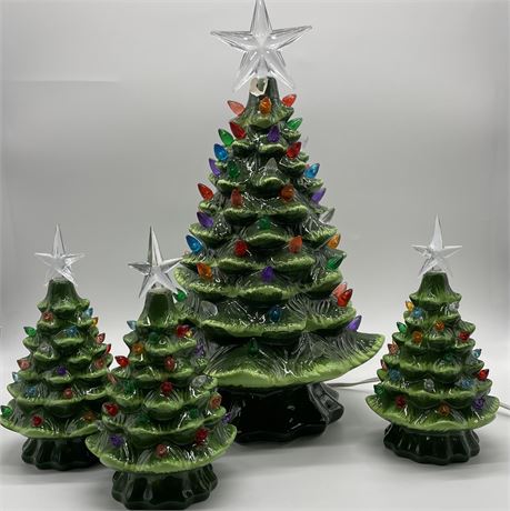(1) Large and (3) Smaller Ceramic Lighted Trees (see description)
