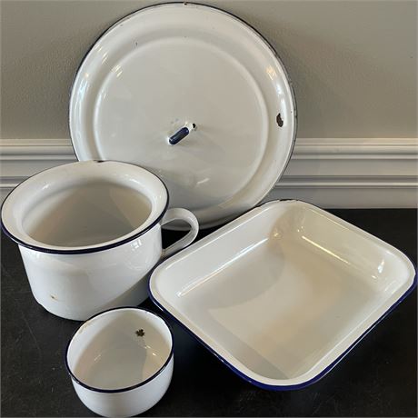 Vtg Enamelware Blue Trim Baking Pan, Bowl, Chamber Pot & Replacement Lid