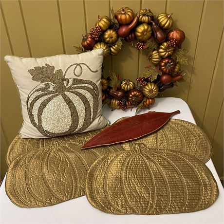 Fall Decor - Pumpkin Motif Pier 1 Pillow, Arlington Tray, Placemats & Wreath