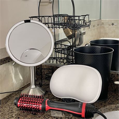 LED Mirror w/ Shower Caddy, Waste Basket, Bath Pillow & Brush Hair Dryer