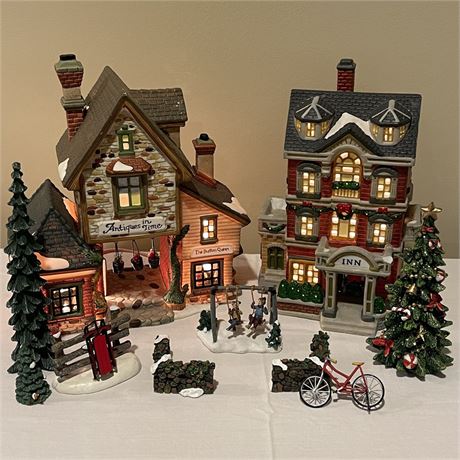 Vtg Holiday Lighted "Antiques in Time" and "Inn" Display Houses w/ Accessories