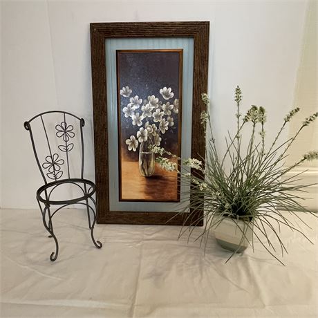Floral Wall Art, Metal Chair Planter, and Decorative Plant