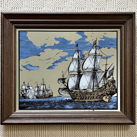 Vtg Nautical Seascape Mirror w/ Wooden Frame