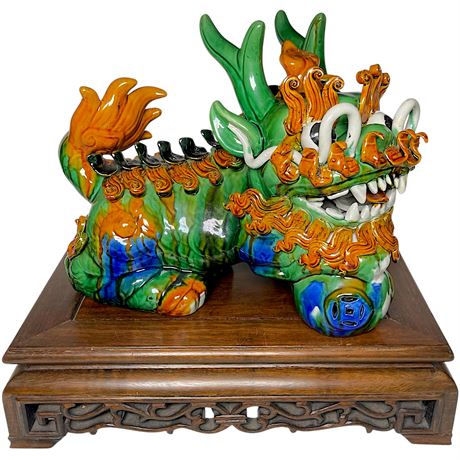 Antique Chinese Hand Crafted Porcelain Kirin Foo Dog on Wooden Stand