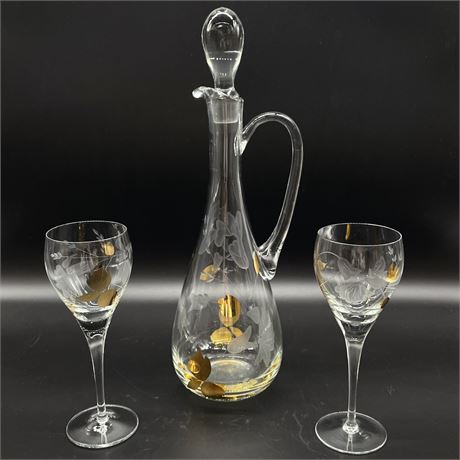 Tuscany Etched Flowers & Gilt Leaves Crystal Decanter and 2 Wine Glasses