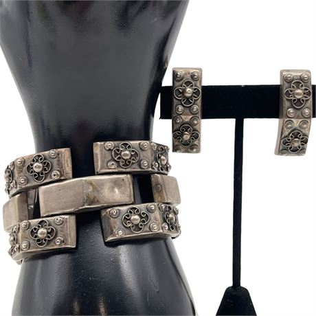 Vtg Sterling Silver Mexico Bracelet & Earrings Set